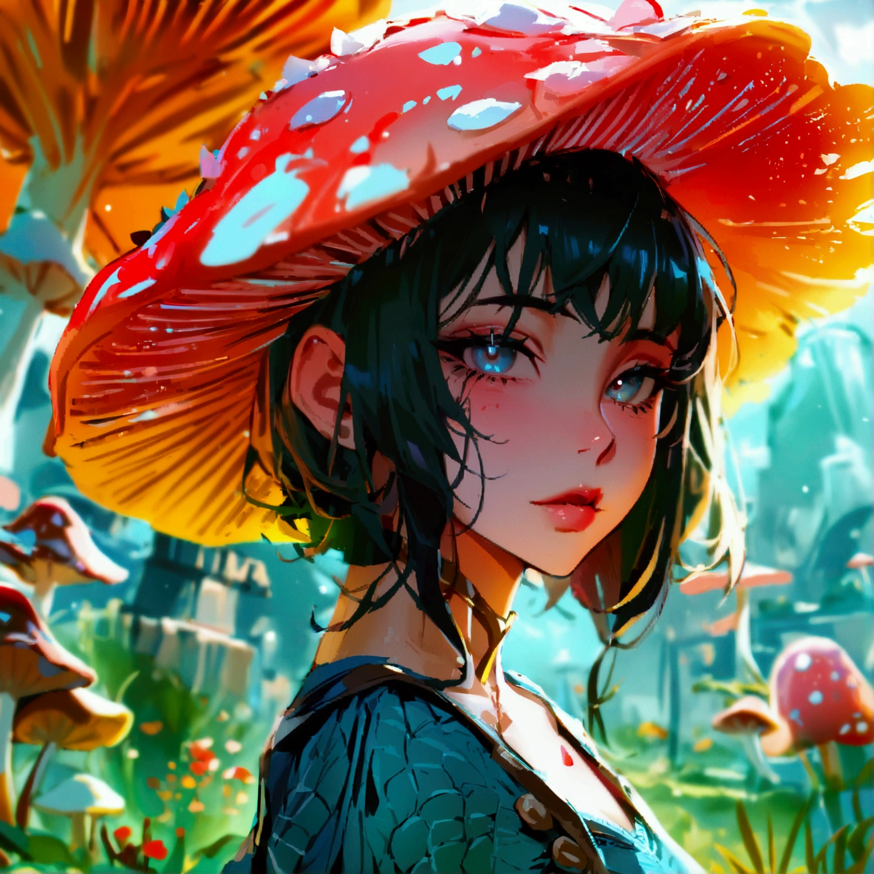 1 girl, looking at viewer, wears a mushroom hat, masterpiece, best quality, intricate detail