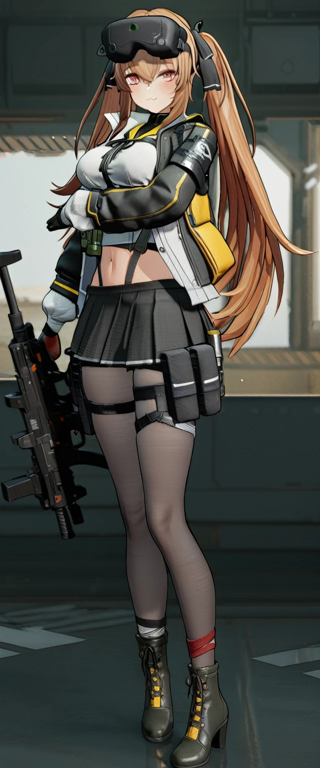 masterpiece,  best quality, UMP9 \( Girls Frontline\),  twin tails, :3,  clevis,  Staring at the Audience, Scar above eye, 3D Style, Put your hands on your stomach ,  black skirt,  Pantyhose ,  Submachine Gun, 