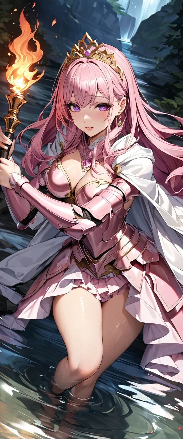 masterpiece、Highest quality、Ultra-high resolution、Maximum resolution、Very detailed、Professional Lighting、anime、Adult women、thin、Thick thighs、so beautiful、Beautiful face、Scared、Armored Dress、Pink full plate armor、Shiny Armor、White decoration、Gorgeous tiara、Golden earrings、Frilly Armor、Pink Hair、Purple Eyes、Pink Lips、Holding a sword、Cape、cave
