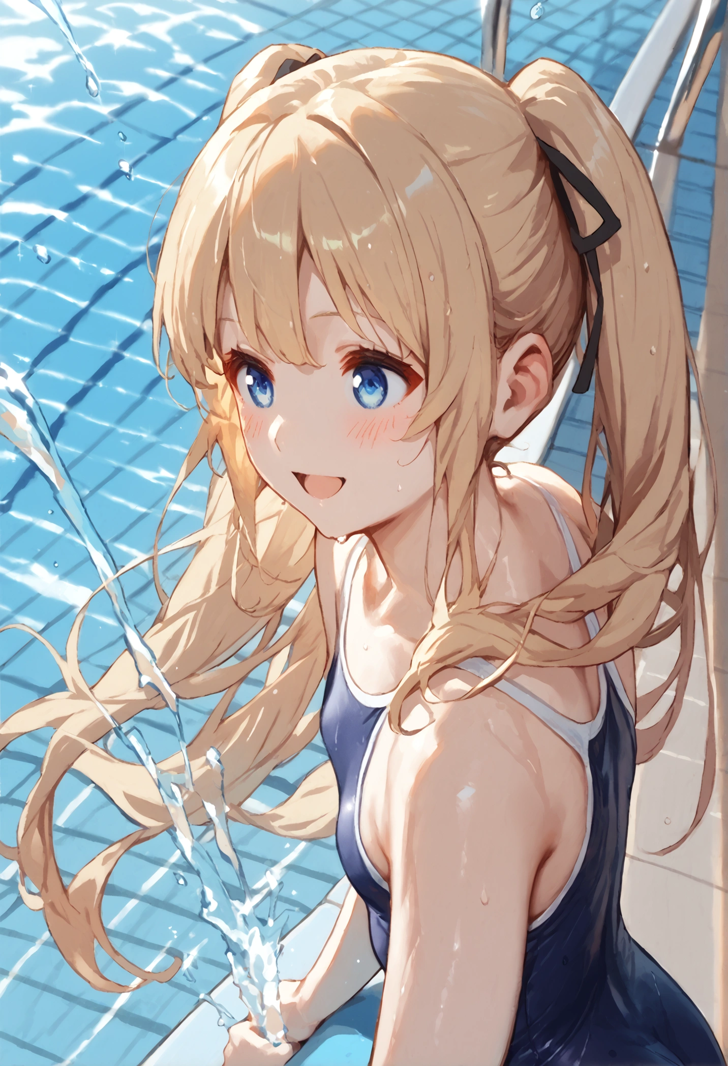 (score_9, score_8_up,score_7_up,source_anime),solo focus,1girl,Eriri blonde hair,blue eyes,sawamura spencer eriri,long hair,small breasts,
,twintails, competition school swimsuit, school swimsuit, trace swimsuit, blue one-piece swimsuit, one-piece swimsuit, swimsuit, wet swimsuit, covered navel,, poolside, pool, splashing, smile, open mouth, blush, cowboy shot, dutch angle, solo,