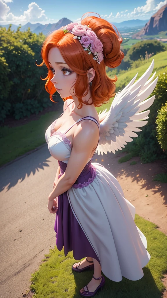 Skye from Paw Patrol, female cockapoo, anthro, mature adult, orange hair, magenta eyes, white wedding dress, angel, angel wings, standing, emotionless, side view, detailed, solo, beautiful, high quality, anime, 4K