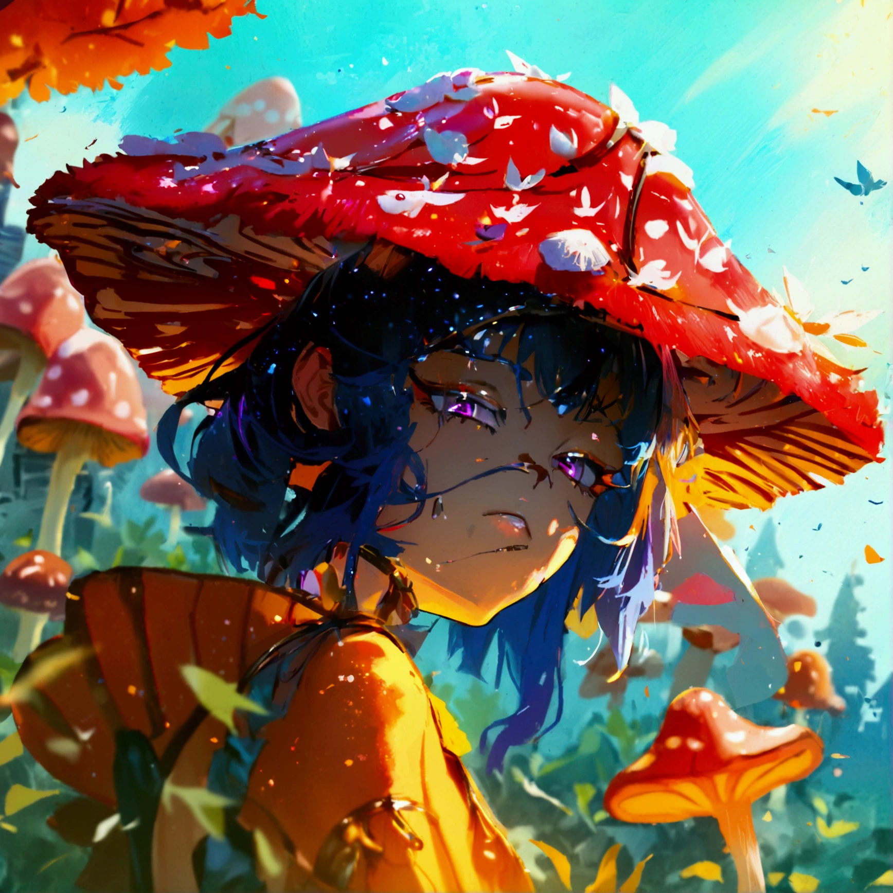 1 girl, looking at viewer, wears a mushroom hat, masterpiece, best quality, intricate detail
