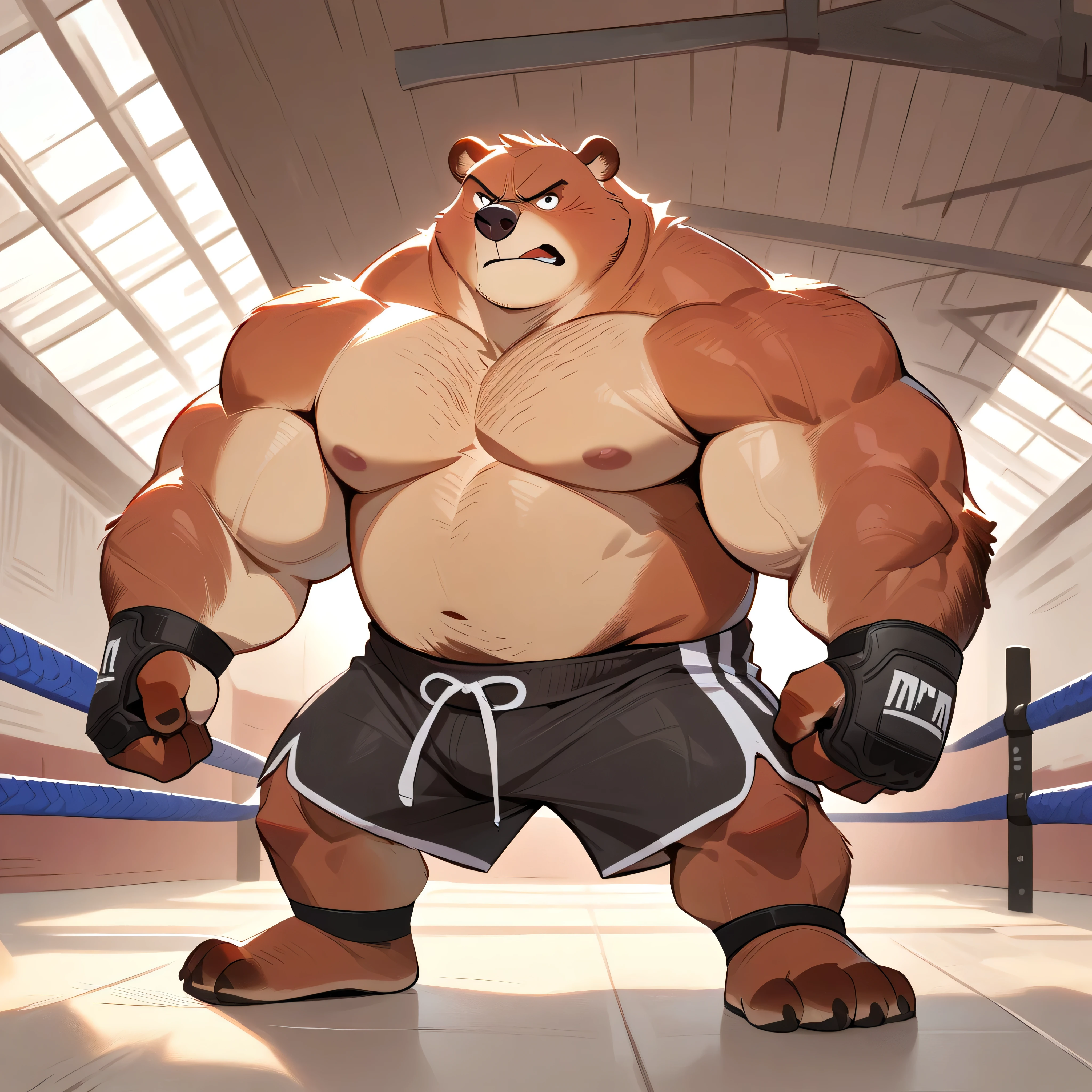 solo, 1boy, Muscular Old, angry, focus, look at viewer, wide shoulder, pectoral, thick arms, huge pectoral, wide pectoral, shirtless, a Kodiak brown bear in an MMA shorts with red slits wearing an MMA gloves with red knuckle pads and an ankle support brace as he workouts in the gymnasium warehouse, height: 220cm, weight: 440lbs, masterpiece, Walt Disney 2D Zootopia Animation Art Style,