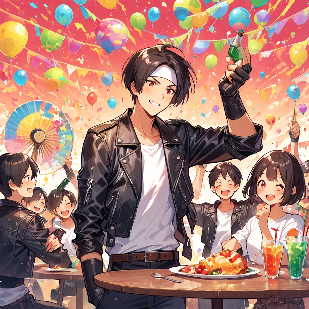 There were four young people at the table, black hair, short cut, red eyes, food and drink, Exciting fun illustration, Illustration style, Celebrate, Fun people in the house, Cartoon style illustration, Cheerful atmosphere, Food as a painting friend, Colorful illustration , High quality fan art,. illustration style, cute illustration, costume is ((black leather jacket with rolled up arms)), fingerless gloves, white t-shirt, (white headband))), jacket open, black pants, white socks, brown belt
