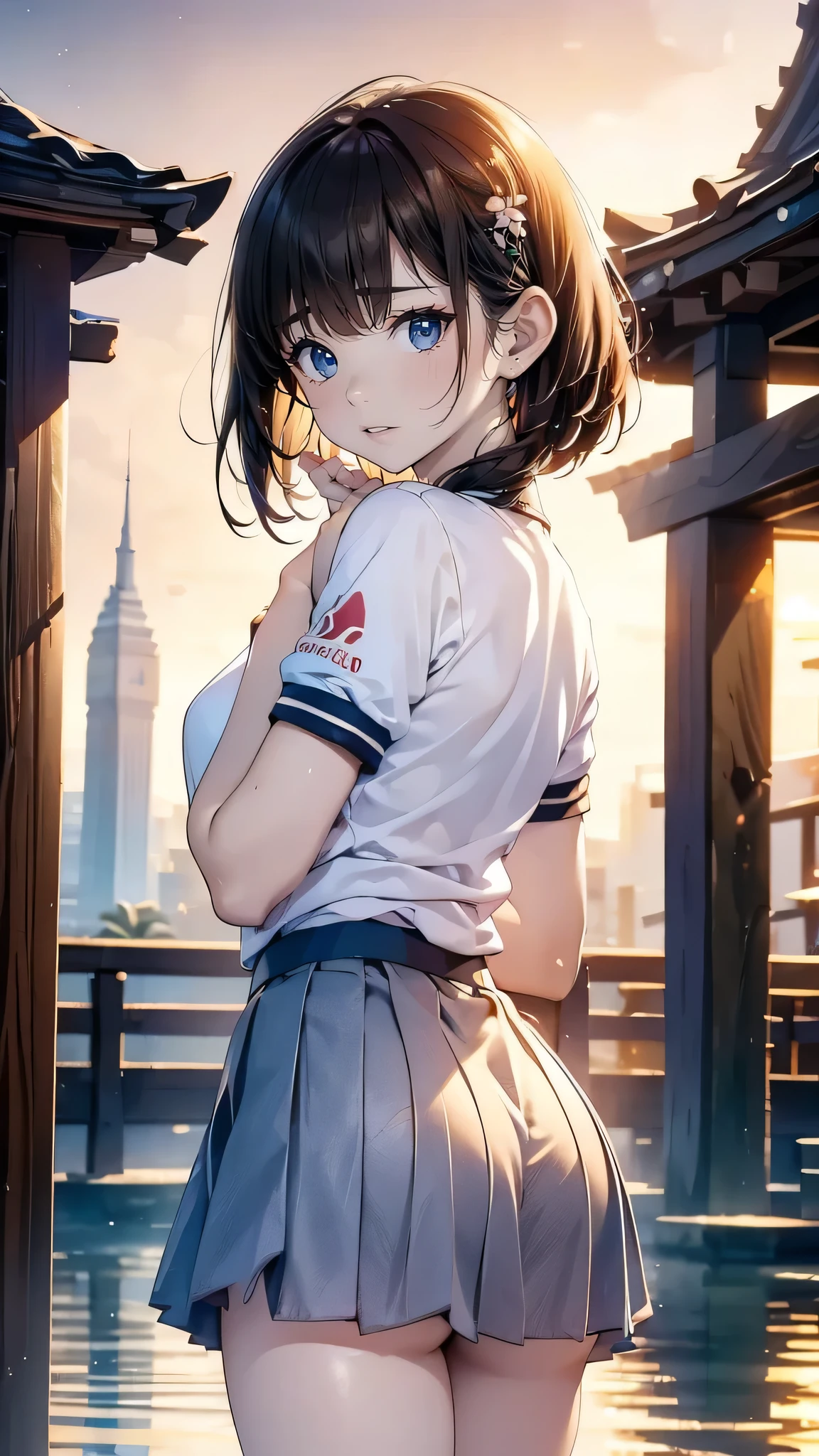 SFW, 
Outside, 
(((porttower, kaiyomuseum))), water reflection, (Sunset Glow), 
Water Front, deck, [Maya Mountain], 
Perfectly anatomically correct, 
1 Japanese Girl, (Short Bob Cut), Wide-Set Eyes, Pale Skinned, Bashfully, Blush, 20-Year-Old, Open Mouse Slightly, 
(Polo Shirt, Mini Skirt), 
Brown Hair, Wet Hair, 
Light Smiling, Ecstasy, 
(Looking Back Viewer), 
Showing off Slightly Swelled Lower Buttocks from Skirt, 
[With Cheeks between own Hands, Both Hands on own Face], 
Dynamic Angle, from Below, 
8K, RAW Photo, Best Quality, Masterpiece, Realistic, PhotoRealistic, Extremely Detailed 8K Wallpaper, Beautifully Detailed Eyes, Finely Detailed Face, 
Professional Lighting, Cinematic Lighting, ((bokeh))
