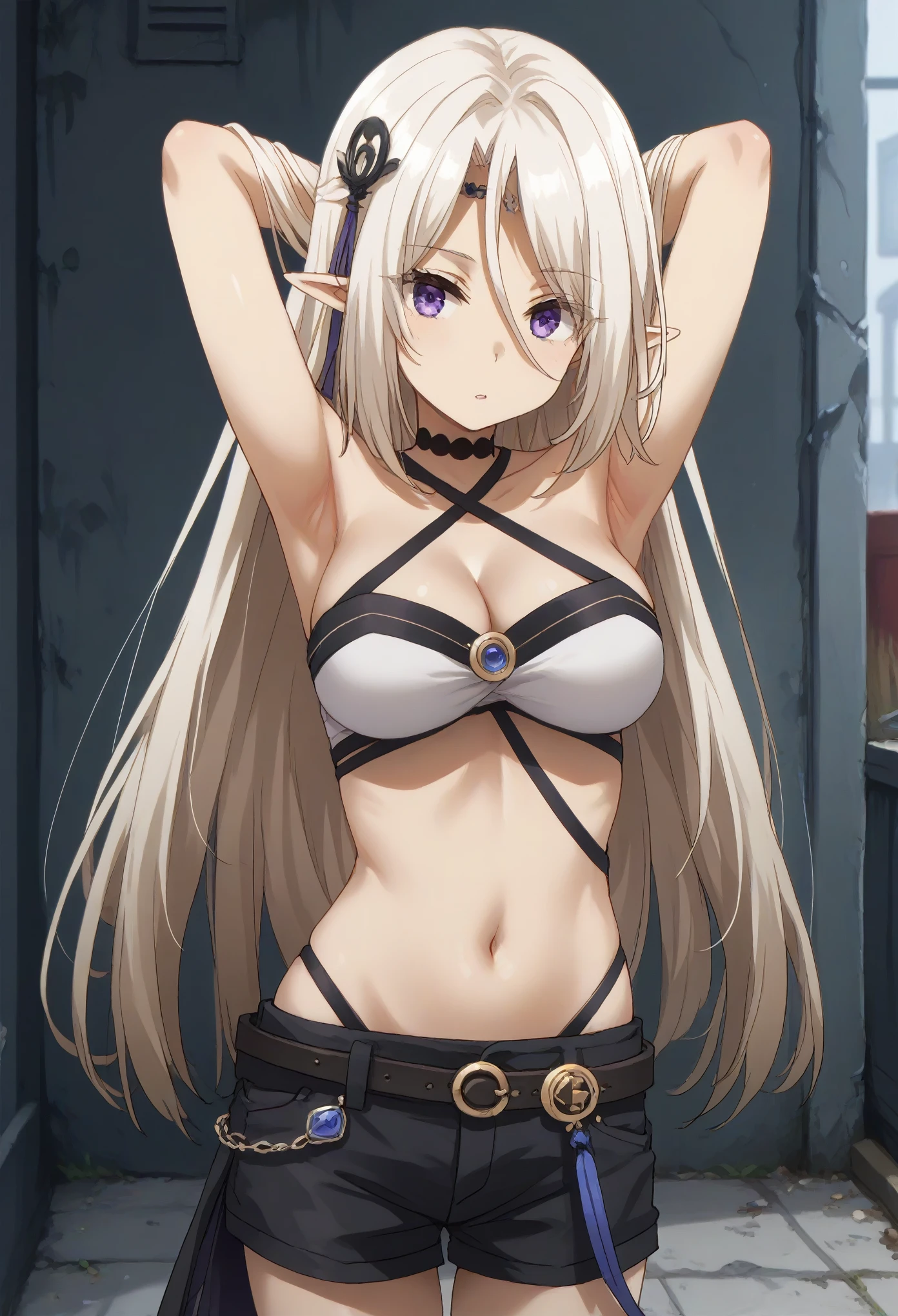 long hair, bangs, purple eyes, white hair, pointy ears, elf, sheath, eyes visible through hair, hair ornament, thighhighs, gloves, navel, shorts, choker, black gloves, short shorts, black shorts, cleavage, bare shoulders, halterneck, criss-cross halter,arms behind head,folded legs,standing,split,wide open legs,split legs
