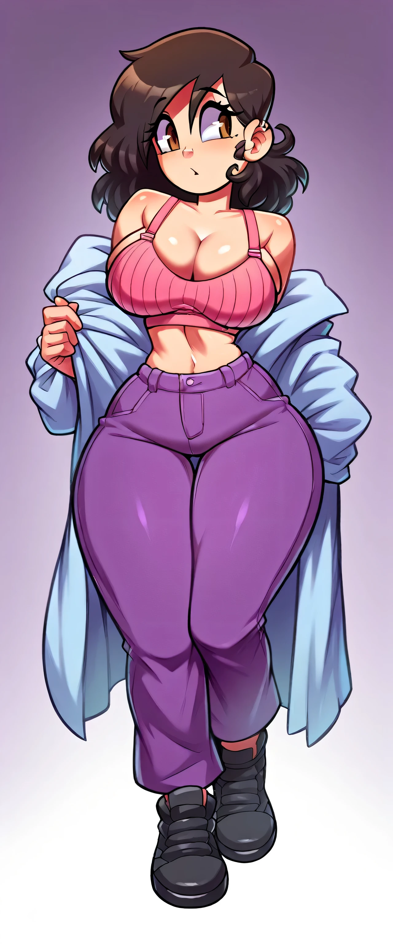extremely clear, sharp focus, masterpiece, best quality, highly detailed, absurd res, extremely clear, highly detailed facial features, 1girl, PudgeRuffian, adult, RileyFairfield, Riley,long black hair, purple eyes, shiny skin, slick, oiled skin, pullover, shorts, standing, on a chair, house background, dark background, priestess, clothing, dress, full body, bootts,pants, solo focus,woman-medieval-clothes, smile, curvy, huge breast