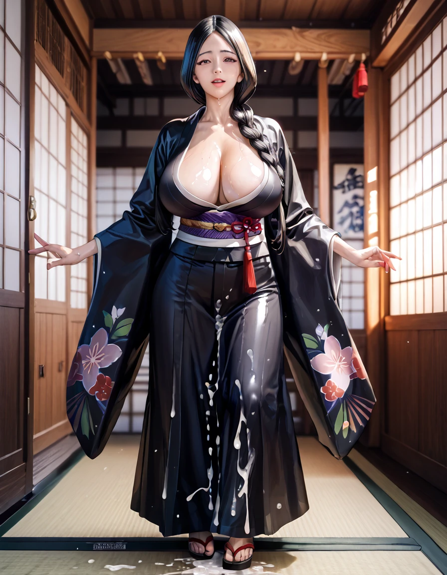 Detailed anime style, masterpiece, studio quality, 6k, best quality, detailed face and eyes, ((unohana retsu)), anime caracter, black long hair braid, black kimono, sash, (very saggy large breasts:1.5), looking at viewer, furrowed brow, orgasm pleasure, japanese architecture, full body, shiny wet skin, standing sexy pose, full body covered with cum