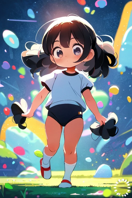 In a (masterpiece) of the (highest quality), an (ultra-detailed) illustration comes to life. The artwork features (1girl), standing ()wearing a Black gymnastics bloomers, High leg、white blouse, cowboy shot、　　 with a confident stance, while (). Against a (simple background), her (beautifully detailed eyes) steal the spotlight, exuding charm and depth. With (flawless beauty) and a vibrant color palette, the artwork is (highly saturated), creating a captivating visual experience. Colorful splashes and a floating bubble add a touch of whimsy, while a (bright) glow accentuates the focus on her face. The attention to detail in this illustration is truly (remarkable).wearing a Black gymnastics bloomers, High leg、white blouse, cowboy shot、　　