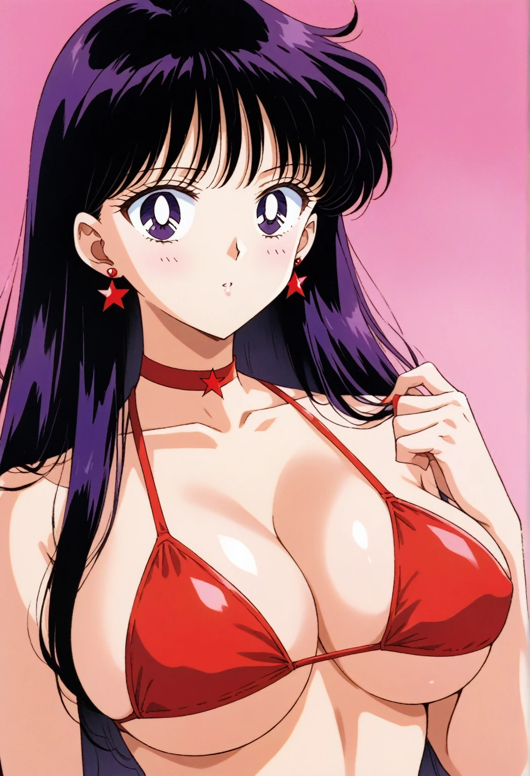 score_9, score_8_up, score_7_up, score_6_up, score_5_up, score_4_up, rating_questionable, source_anime, digital illustration, pixiv, official art, official art, BREAK nsfw, aamars, long hair, black hair, earrings, red choker, 1 girl, cute, solo, large breasts, (red bikini), covered nipples, navel, (upper body:1.5), (perfect detailed anatomy, beautiful breasts, beautiful skin, perfect body), 