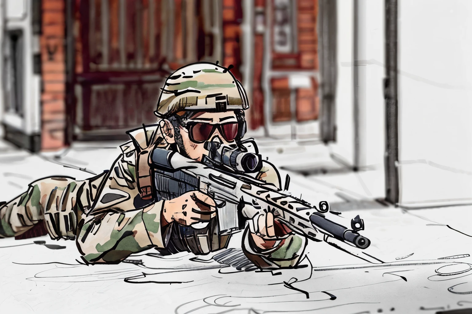 pen_sketch_style, black white color, arafed soldier with rifle lying on the ground in a building, a soldier aiming a gun, holding rifle, holding a sniper rifle, holding a rifle, airsoft cqb, with rifle, military weaponry,  with rifle in hands, carrying a rifle, man is carrying a rifle, soldier, multicam camo, wielding assault rifle, sniper, black ink, sketch,