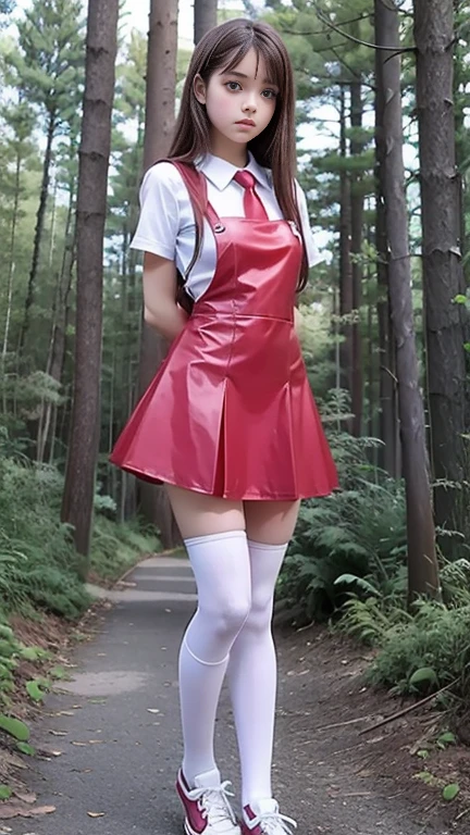 Cute teen  beautiful schoolgirl ,  beautiful  teen face, red leather skater pinafore dress ,  transparent white blouse, short sleeves, red silk tie , brunette long hair,  beautiful eyes. stockings,  Sneakers,  schoolgirl - standing in the forest,   photorealistic , sad face, skater pinafore, skater dress, full size figure, sneakers 