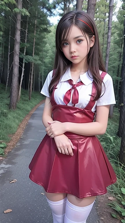 Cute teen  beautiful schoolgirl ,  beautiful  teen face, red leather skater pinafore dress ,  transparent white blouse, short sleeves, red silk tie , brunette long hair,  beautiful eyes. stockings,  Sneakers,  schoolgirl - standing in the forest,   photorealistic , sad face, skater pinafore, skater dress, full size figure, sneakers 