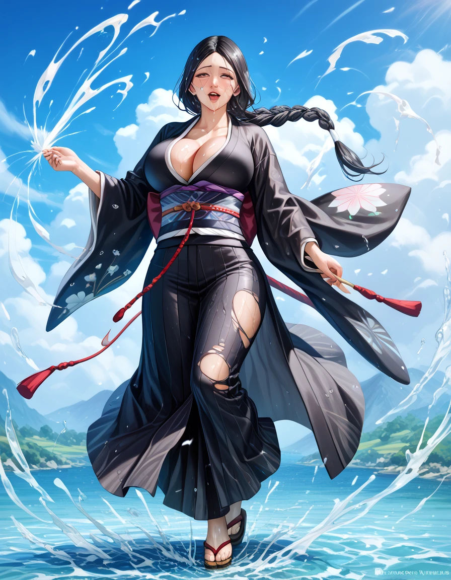 Detailed anime style, masterpiece, studio quality, 6k, best quality, ((unohana retsu:1.3)), detailed face and eyes, black long hair braid on cleveage, black kimono, sash, (very large breasts:1.5), looking at viewer, strong wind, orgasm pleasure, japanese architecture, full body, shiny wet skin, standing sexy pose, full body covered wit cum, ripped clothes, 