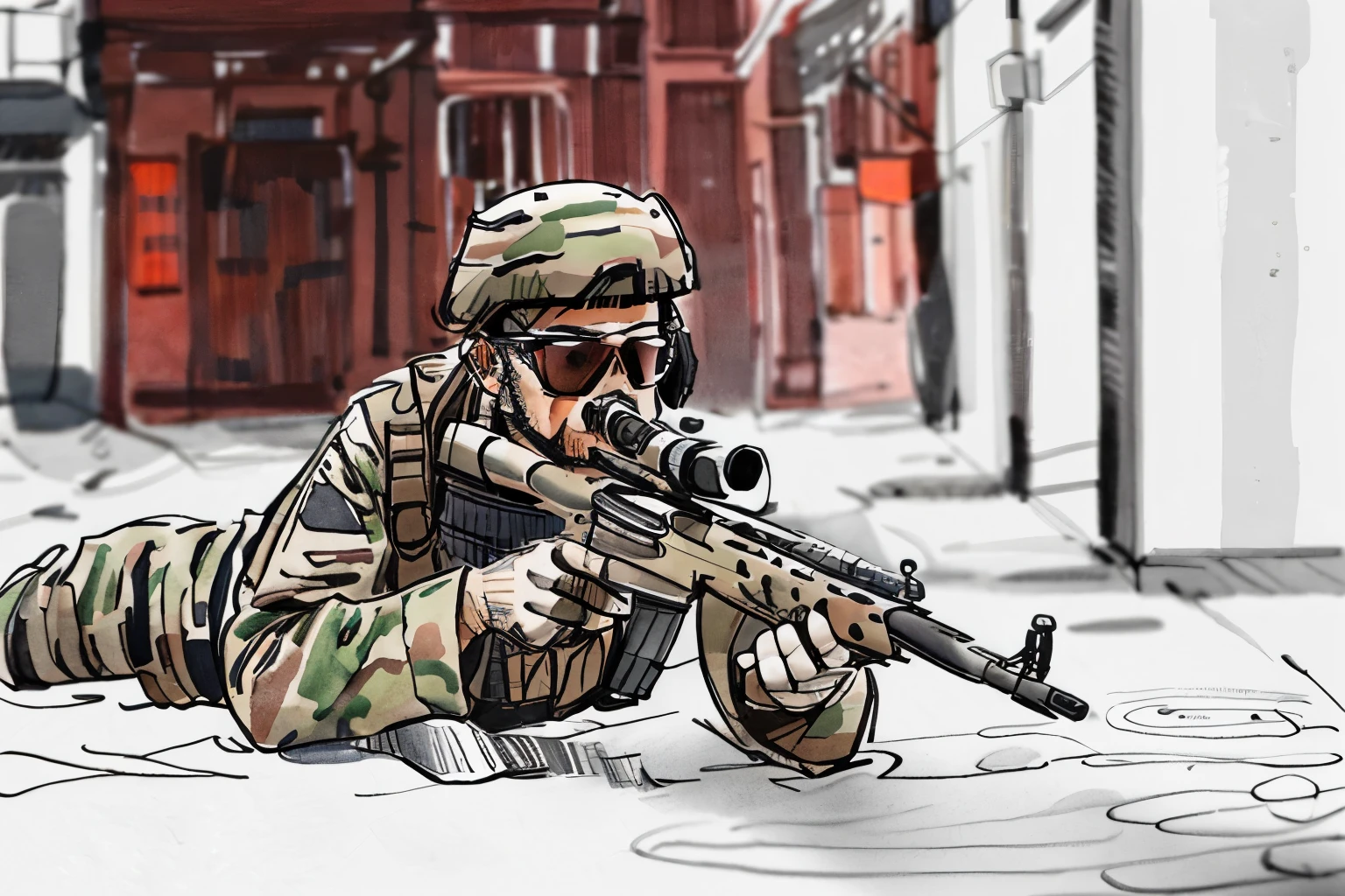 pen_sketch_style, black white color, arafed soldier with rifle lying on the ground in a building, a soldier aiming a gun, holding rifle, holding a sniper rifle, holding a rifle, airsoft cqb, with rifle, military weaponry,  with rifle in hands, carrying a rifle, man is carrying a rifle, soldier, multicam camo, wielding assault rifle, sniper, black ink, sketch,