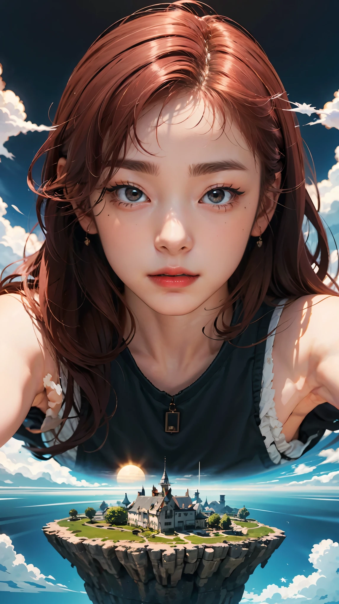 she's just a simple girl working on a farm. she lives in hard times., it's the dark ages. , crazy world, floating islands, cloud castle, (best quality:1.3), (highres:1), (detailed:1.3), (incredible:1.3), (perfect:1.3), (perfection:1.3), (volume cover art:0), (illustration:1.3), art by studio ghibli