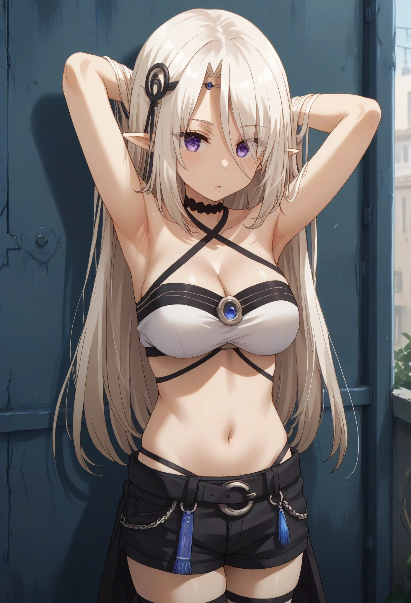 long hair, bangs, purple eyes, white hair, pointy ears, elf, sheath, eyes visible through hair, hair ornament, thighhighs, gloves, navel, shorts, choker, black gloves, short shorts, black shorts, cleavage, bare shoulders, halterneck, criss-cross halter,arms behind head,folded legs,standing,split,wide open legs,split legs
