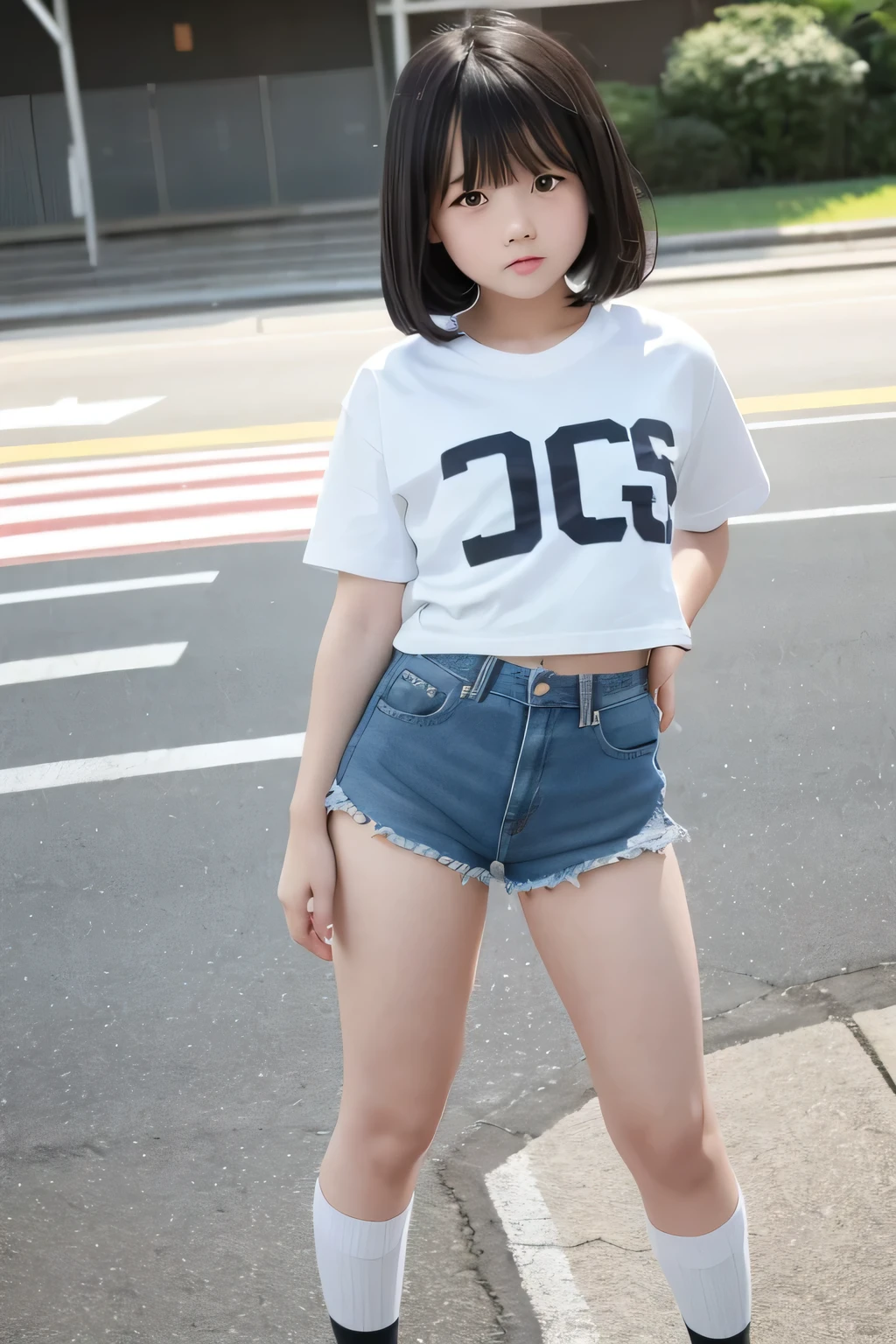 Elementary school in the 70s,  beautiful teenage girl dressed as a 70s boy .,  cute and cute like an idol  ..,She is pure and innocent., she's wearing a rugby shirt ,very short denim shorts , neatly hemmed denim shorts ,High socks and sneakers.  short bob,Japanese,  Black Hair  