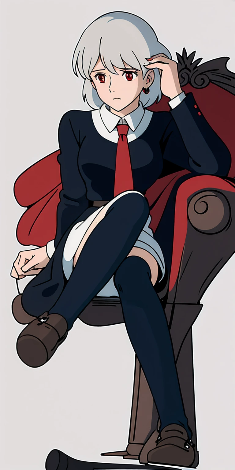 ((masterpiece, Best quality))), Coupling, solo, 1girl, ((red hair, black hair, multicolored hair)), short hair, white tights, dressed, office suit, black jacket, Sits, Foot to foot, sad, almost crying, no tears, no tears, does not know what to do with his life,