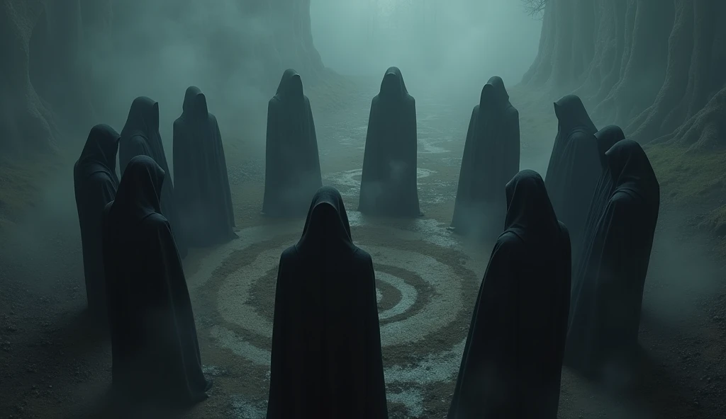 Fantasy dark divinity cult, adepts in dark cloaks, dark circle from ...