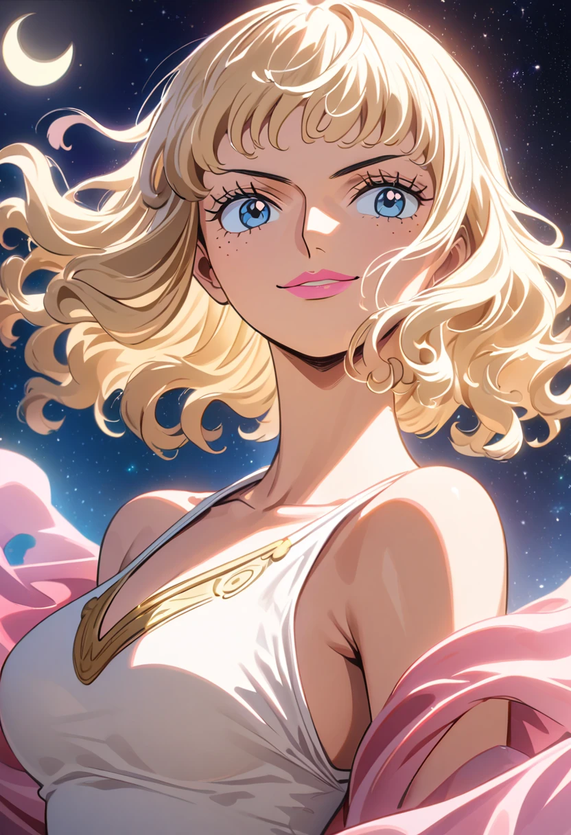  anime style one piece , Female character,  light blond hair very long and smooth and shines like gold under the sunlight, beautiful light blue eyes , Necessary,  High resolution,  Beautiful face with attention to detail , (cute smile), charme,  subtle freckles on the cheekbone , pink lips, face and shoulders.  medium breasts , Starry sky and full moon background 