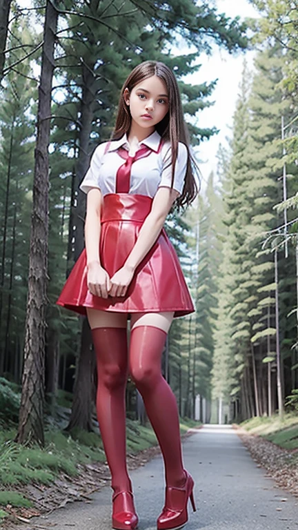 Cute teen beautiful schoolgirl , beautiful teen face, red leather skater pinafore dress , transparent white blouse, short sleeves, red silk tie , brunette long hair, beautiful eyes. stockings, High heels shoes, schoolgirl - standing in the forest, photorealistic , sad face, skater pinafore, skater dress, full size figure, high heels shoes 