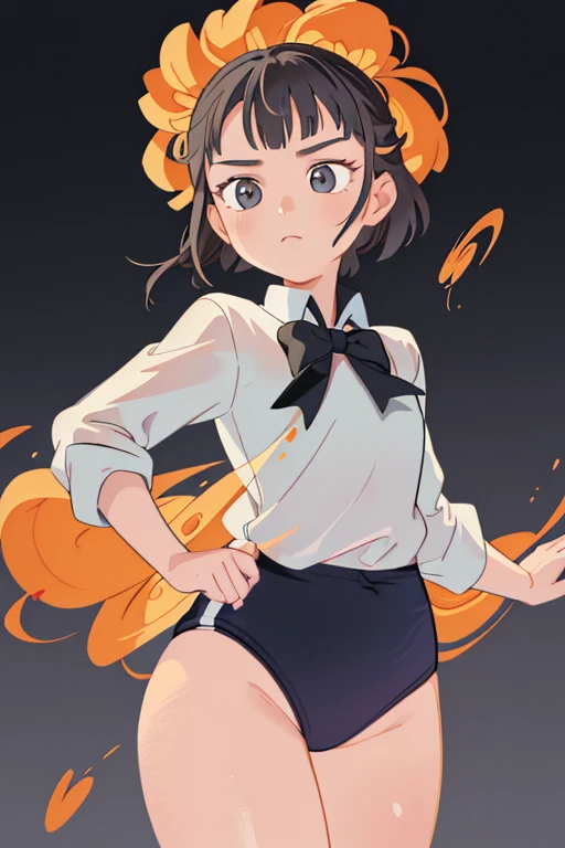 In a (masterpiece) of the (highest quality), an (ultra-detailed) illustration comes to life. The artwork features (1girl), standing ()wearing a Black gymnastics bloomers, High leg、white blouse, cowboy shot、　　 with a confident stance, while (). Against a (simple background), her (beautifully detailed eyes) steal the spotlight, exuding charm and depth. With (flawless beauty) and a vibrant color palette, the artwork is (highly saturated), creating a captivating visual experience. Colorful splashes and a floating bubble add a touch of whimsy, while a (bright) glow accentuates the focus on her face. The attention to detail in this illustration is truly (remarkable).wearing a Black gymnastics bloomers, High leg、white blouse, cowboy shot、　　