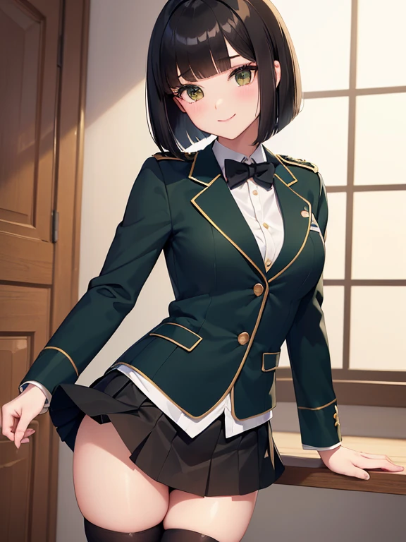 (masterpiece:1.2), Best Quality ,shape,BEAUTIFUL DETAILED YOUTH ，Very short stature， young  ，(blazer uniform，skirt:1.3) ( I'm wearing a deep green super cub:1.2)， black stockings :1.2，  WHITE LACE PANTIES  ，Straddle， (smile:1.0),,(  beautiful brown eyes、Sparkling Eyes、  very beautiful eyes  ),(  Shiny Black Hair :1.0),(  bob cut  :1.2),(  Split Bangs  :1.3)，  cowboy shot，Girl&#39;s Temptation，