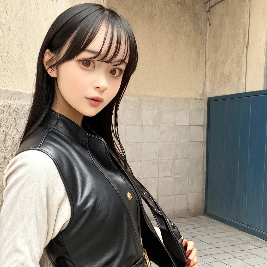 Young Japanese woman working in auto repair shop, face a little dirty . Cowboy shot. ((black leather jacket with rolled up arms)), fingerless gloves, white T-shirt, (white headband)), jacket open, black pants, white shoes, brown belt, black hair, short cut, red eyes, dark skin
