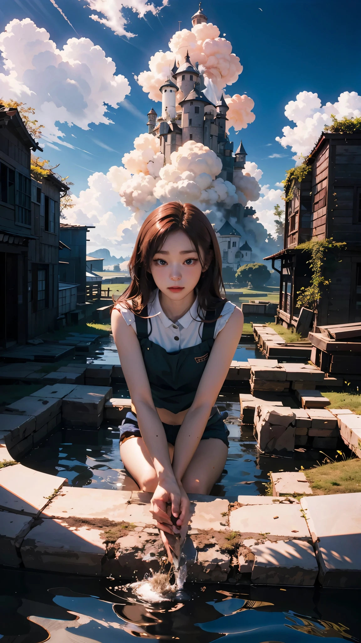 she's just a simple girl working on a farm. she lives in hard times., it's the dark ages. , crazy world, floating islands, cloud castle, (best quality:1.3), (highres:1), (detailed:1.3), (incredible:1.3), (perfect:1.3), (perfection:1.3), (volume cover art:0), (illustration:1.3), art by studio ghibli