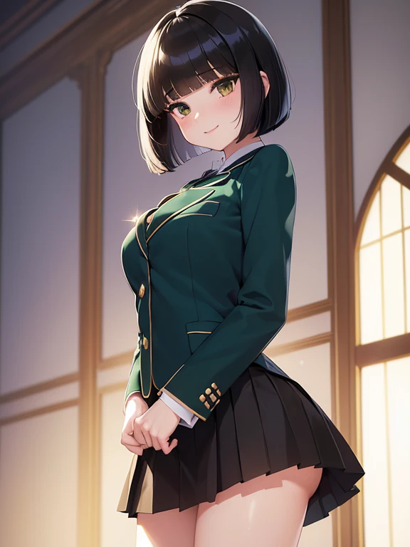 (masterpiece:1.2), Best Quality ,shape,BEAUTIFUL DETAILED YOUTH ，Very short stature， young  ，(blazer uniform，skirt:1.3) ( I'm wearing a deep green super cub:1.2)， black stockings :1.2，  WHITE LACE PANTIES  ，Straddle， (smile:1.0),,(  beautiful brown eyes、Sparkling Eyes、  very beautiful eyes  ),(  Shiny Black Hair :1.0),(  bob cut  :1.2),(  Split Bangs  :1.3)，  cowboy shot，Girl&#39;s Temptation，