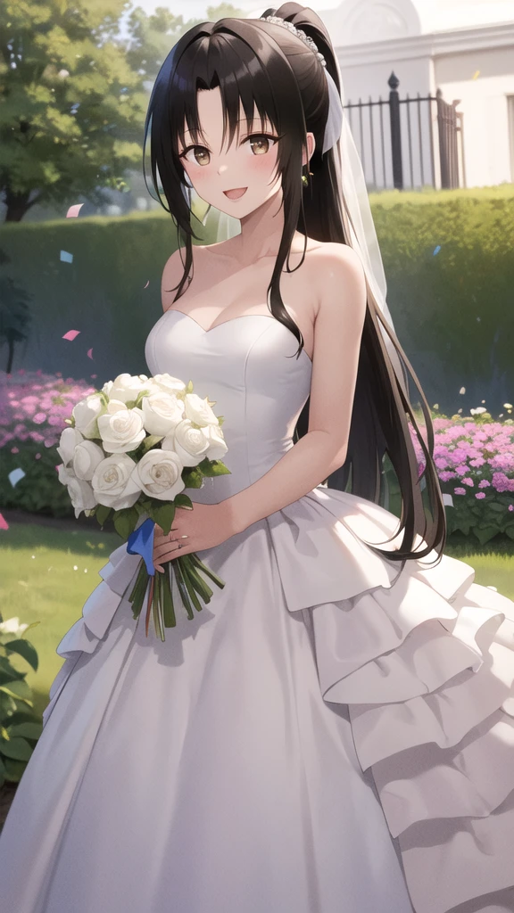 masterpiece, best quality, highres, 1girl, solo, long hair, black hair, ponytail, parted bangs, brown eyes, wedding dress, standing, garden, confetti, holding bouquet, smile, open mouth,