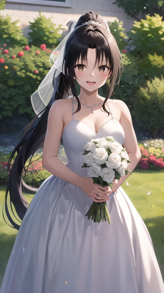 masterpiece, best quality, highres, 1girl, solo, long hair, black hair, ponytail, parted bangs, brown eyes, wedding dress, standing, garden, confetti, holding bouquet, smile, open mouth,