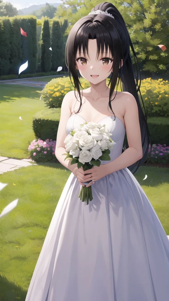 masterpiece, best quality, highres, 1girl, solo, long hair, black hair, ponytail, parted bangs, brown eyes, wedding dress, standing, garden, confetti, holding bouquet, smile, open mouth,