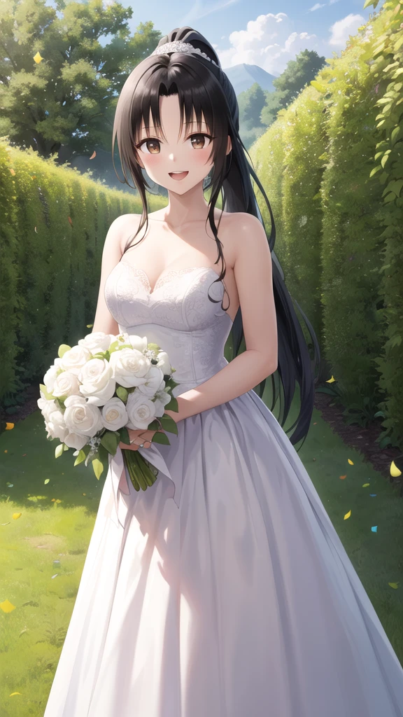 masterpiece, best quality, highres, 1girl, solo, long hair, black hair, ponytail, parted bangs, brown eyes, wedding dress, standing, garden, confetti, holding bouquet, smile, open mouth,