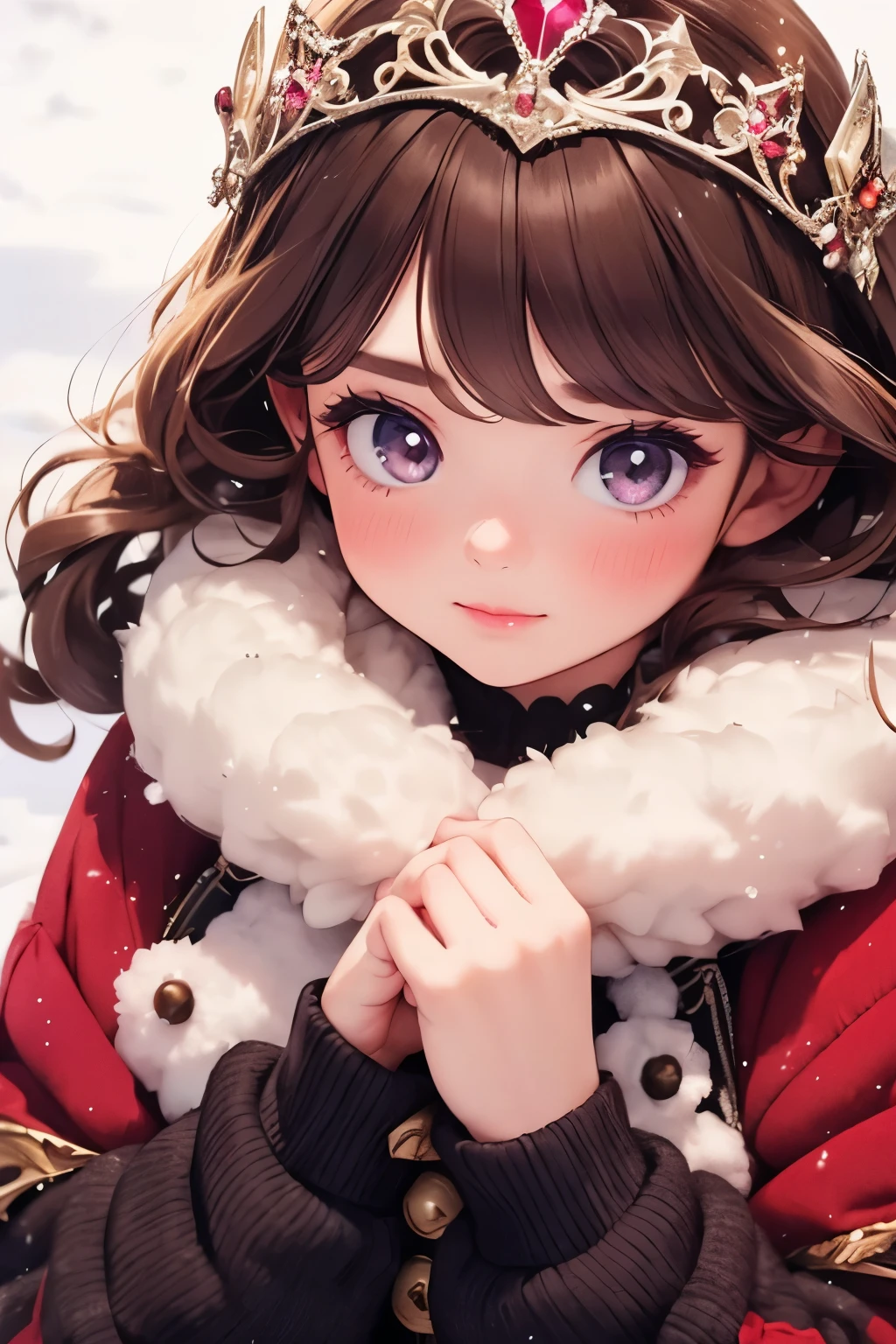 there is nothing, Best Quality,   girl, ，cute , Brunette,   curly hair , evil   girl, dress， tiara ，  long eyelashes ， bright color，  soft and warm colors，Winter snow scene，
