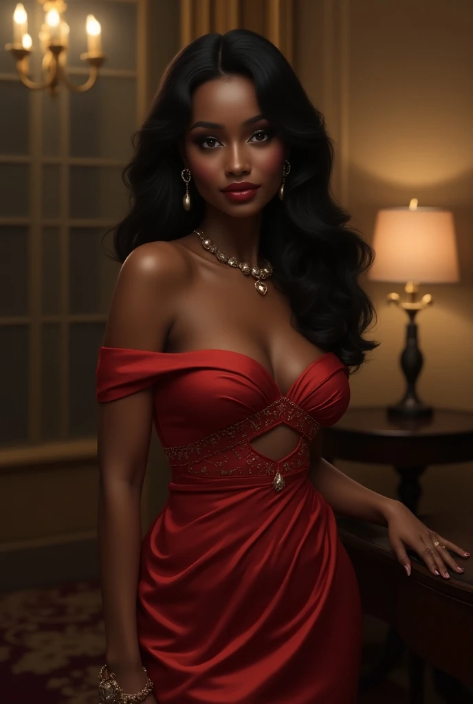 Create a book cover titled "El Precio del Deseo". The cover should combine sensuality, danger, and luxury, reflecting the main themes of the novel. The central scene features a woman known as "La Gata", an exotic beauty with long, wavy black hair. Her green, penetrating eyes should be a focal point. She is wearing a form-fitting red silk dress that highlights her curves and elegance. In the background, depict a dark, luxurious stora