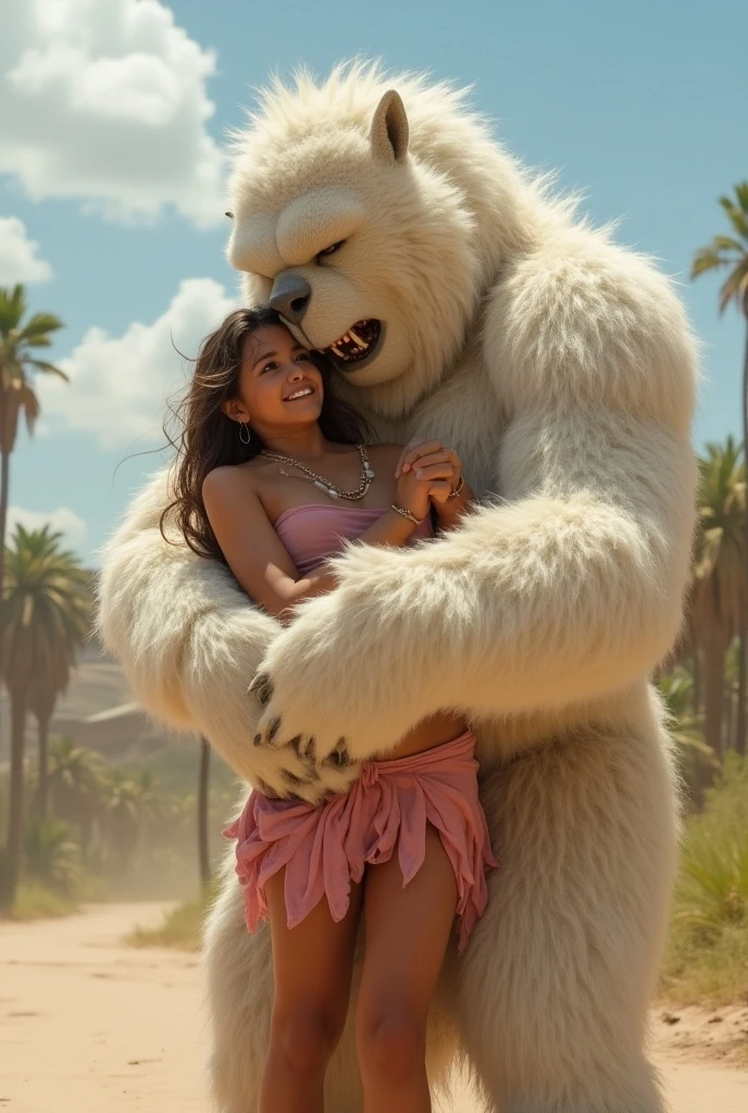 Large massive stuffed animal giant wampa monster  carries topless beautiful bikini   girl in his arms embrace sitting on his lap cuddling Star Wars 