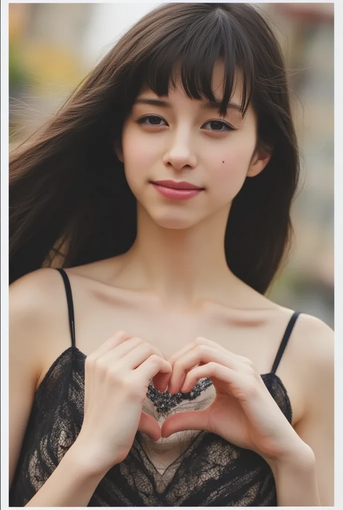 She is in a pose wearing a sexy camisole, making a firm big heart shape with both hands, and holding it in front of her chest, Cute smile up、Monotone background

