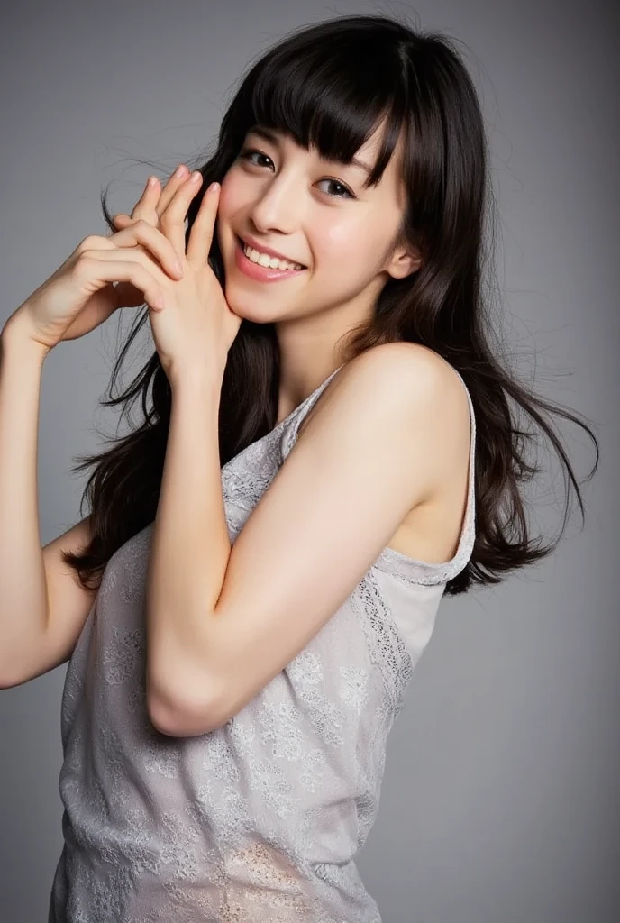 She is in a pose wearing a sexy camisole, making a firm big heart shape with both hands, and holding it in front of her chest, Cute smile up、Monotone background

