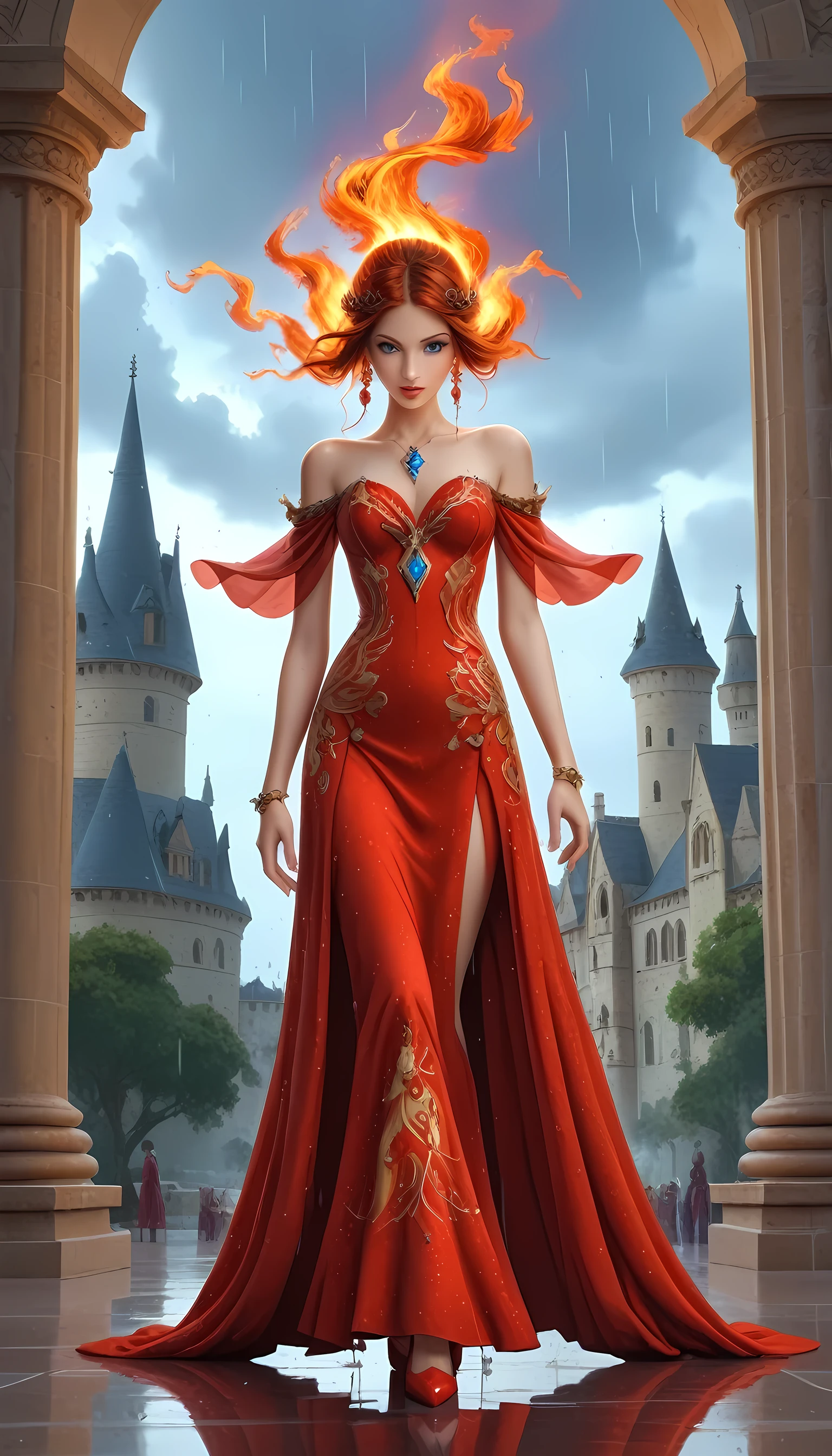score_9, score_8_up, score_7, a sorceress of fire making fire dance in a the (storm of rain: 1.3), a most exquisite beautiful sorceress, controlling fire manipulating fire, a woman, dynamic hair color, dynamic hair style, (most beautiful face: 1.3), (ultra detailed face: 1.2), wet hair, wet face, dynamic eyes color, full body shot, wearing dress made of fire, wearing intricate high heels, light make up, dancing in courtyard of a fantasy castle background, ((heavy rain drops: 1.1)), clouds in the sky, (anatomically correct: 1.4), (full body shot: 1.1) , vibrant, Ultra-high resolution, High Contrast, (masterpiece:1.5), highest quality, Best aesthetics), best details, best quality, highres, ultra wide angle, 16k, [ultra detailed], masterpiece, best quality, (extremely detailed), firecd_xl, phoenix dress, fireMagicAI