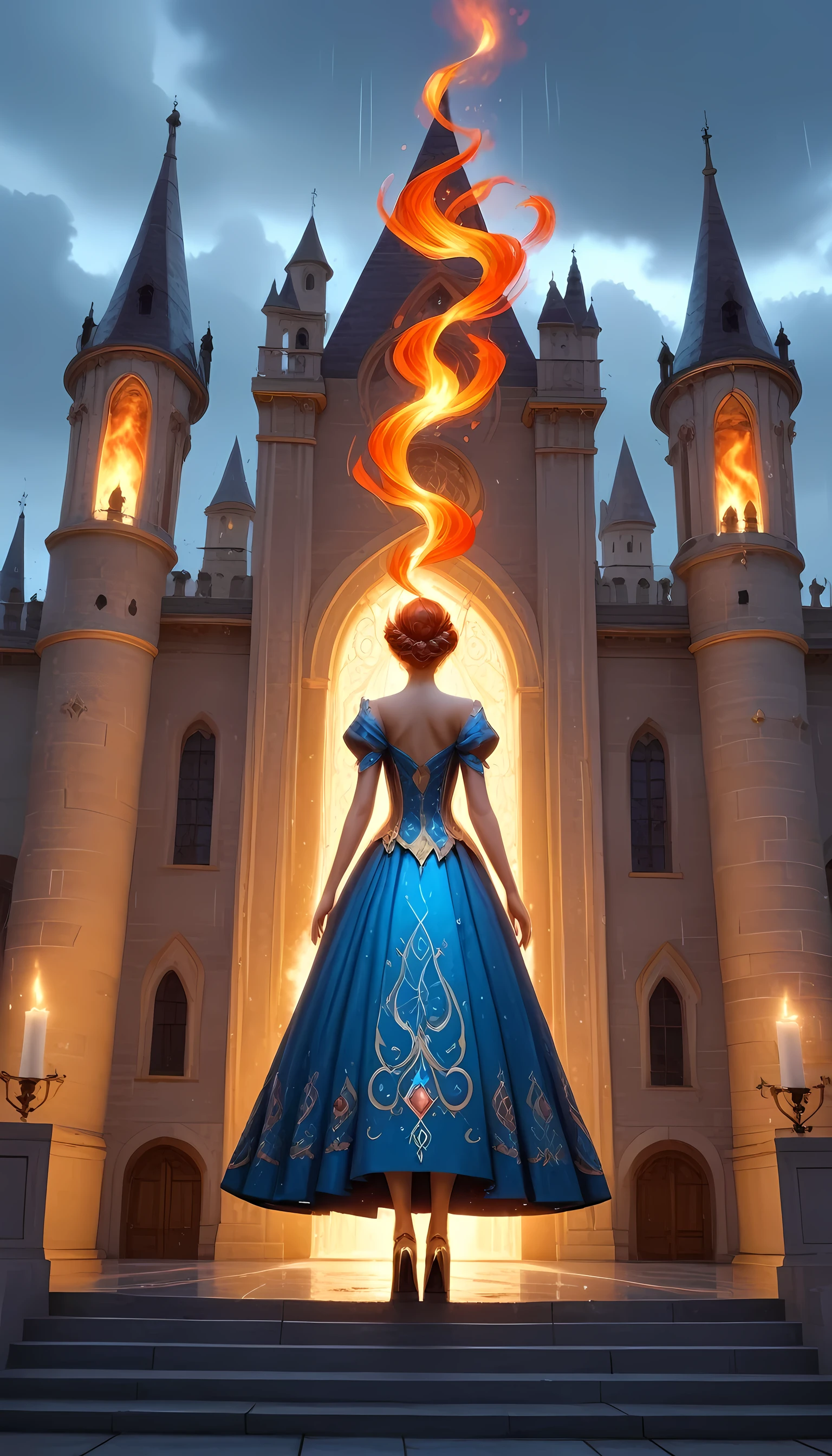 score_9, score_8_up, score_7, a sorceress of fire making fire dance in a the (storm of rain: 1.3), a most exquisite beautiful sorceress, controlling fire manipulating fire, a woman, dynamic hair color, dynamic hair style, (most beautiful face: 1.3), (ultra detailed face: 1.2), wet hair, wet face, dynamic eyes color, full body shot, wearing dress made of fire, wearing intricate high heels, light make up, dancing in courtyard of a fantasy castle background, ((heavy rain drops: 1.1)), clouds in the sky, (anatomically correct: 1.4), (full body shot: 1.1) , vibrant, Ultra-high resolution, High Contrast, (masterpiece:1.5), highest quality, Best aesthetics), best details, best quality, highres, ultra wide angle, 16k, [ultra detailed], masterpiece, best quality, (extremely detailed), firecd_xl, phoenix dress, fireMagicAI