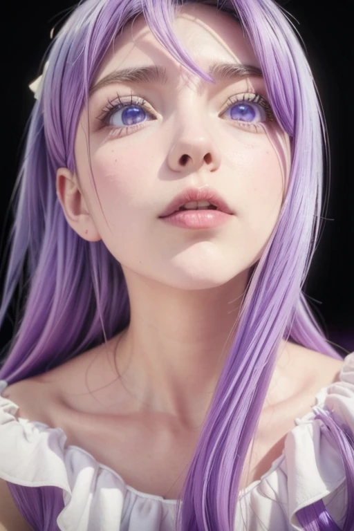 8K, Alta definición,3D, masterpiece ,1 girl,silk ,purple hair,  long hair , lilac eyes,lilac eyes,large breasts,  white dress,Red sneakers..