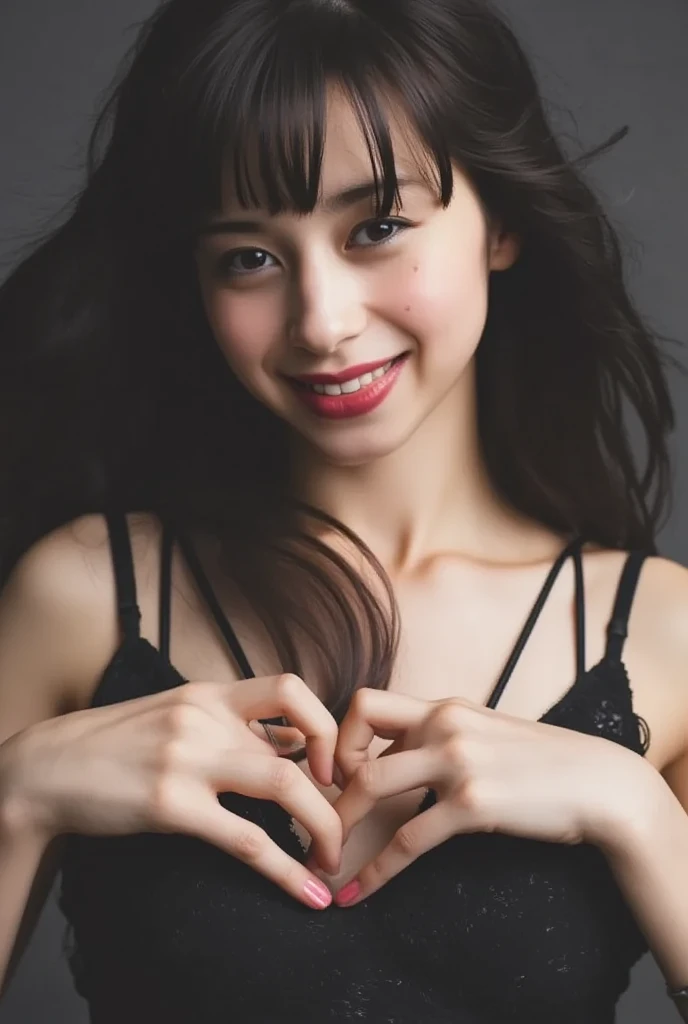 She is in a pose wearing a sexy camisole, making a firm big heart shape with both hands, and holding it in front of her chest, Cute smile up、Monotone background

