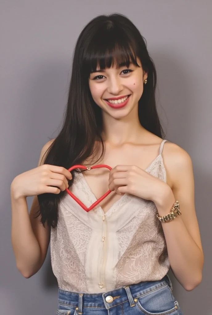 She is in a pose wearing a sexy camisole, making a firm big heart shape with both hands, and holding it in front of her chest, Cute smile up、Monotone background

