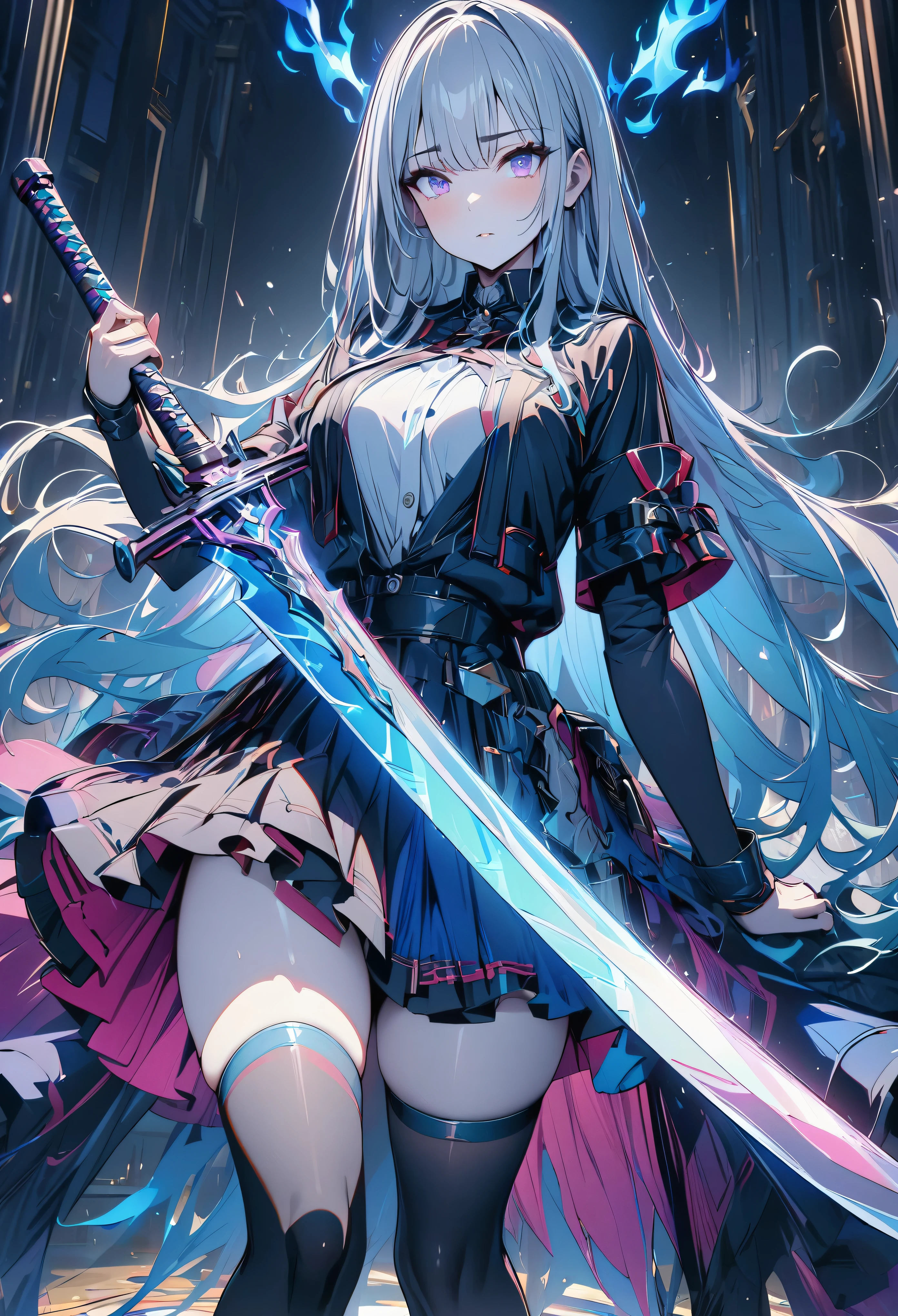 (masterpiece, Best Quality:1.2),colorful,  1 girl, Gray Hair,  purple eyes, dual weeding  , sword,  sword, blue flame, Shine, Shine weapon,  Light Particles , wallpaper,  chromatic ablation,  too much exposed skin  , skirt、 Black Knee High 、 just like reality 