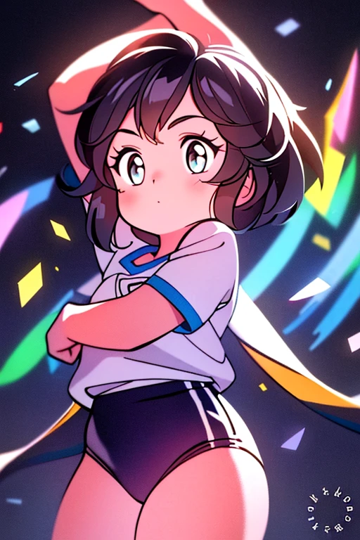 In a (masterpiece) of the (highest quality), an (ultra-detailed) illustration comes to life. The artwork features (1girl), standing ()wearing a Black gymnastics bloomers, High leg、white blouse, cowboy shot、　　 with a confident stance, while (). Against a (simple background), her (beautifully detailed eyes) steal the spotlight, exuding charm and depth. With (flawless beauty) and a vibrant color palette, the artwork is (highly saturated), creating a captivating visual experience. Colorful splashes and a floating bubble add a touch of whimsy, while a (bright) glow accentuates the focus on her face. The attention to detail in this illustration is truly (remarkable).wearing a Black gymnastics bloomers, High leg、white blouse, cowboy shot、　　