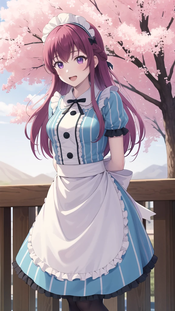 masterpiece, best quality, highres, 1girl, solo, long hair, purple hair, braid, maid headdress, purple eyes, neck ribbon, frills, vertical stripes, blue dress, short sleeves, apron, black pantyhose, arms behind back, smile, open mouth, standing, cowboy shot, leaning forward, outdoors, cherry blossoms,