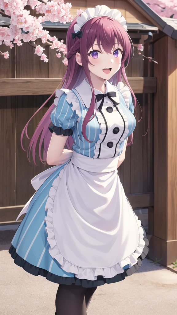 masterpiece, best quality, highres, 1girl, solo, long hair, purple hair, braid, maid headdress, purple eyes, neck ribbon, frills, vertical stripes, blue dress, short sleeves, apron, black pantyhose, arms behind back, smile, open mouth, standing, cowboy shot, leaning forward, outdoors, cherry blossoms,