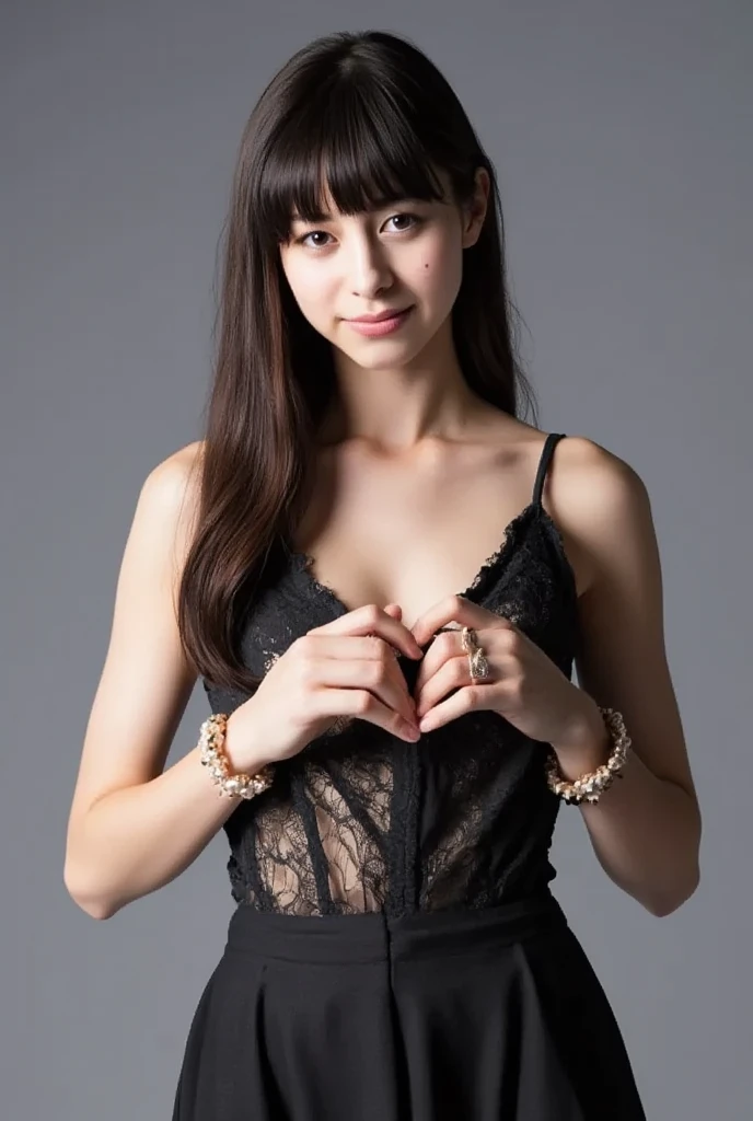 She is in a pose wearing a sexy camisole, making a firm big heart shape with both hands, and holding it in front of her chest, Cute smile up、Monotone background

